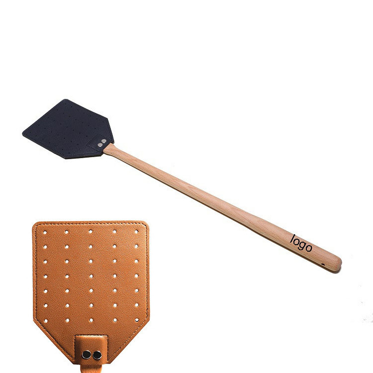 Custom Logo Leather Fly Swatter Beech Wood Long Handle Household Fly Swatter Outdoor Portable Fly Swatters