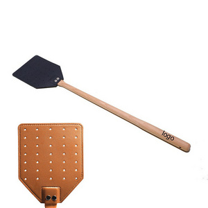 Custom Logo Leather Fly Swatter Beech Wood Long Handle Household Fly Swatter Outdoor Portable Fly Swatters