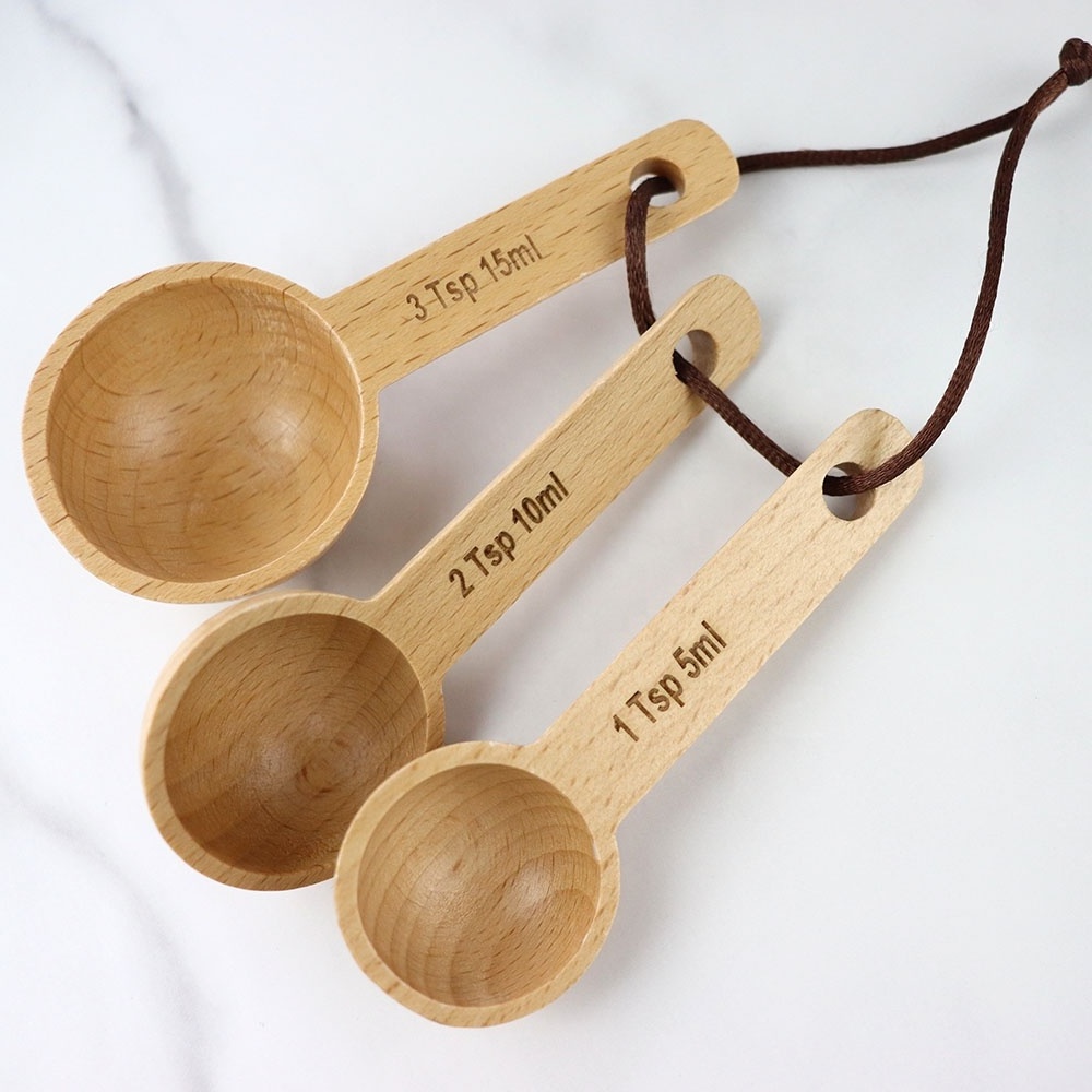 3pcs/set Home Kitchen Accessories Wooden Round Coffee Measuring Spoons Scoop Long Handle Seasoning Beech Measure Spoons