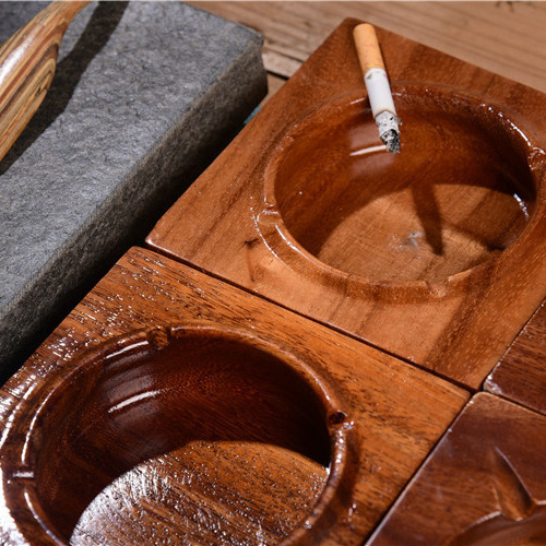 Hot Selling Custom Logo Square Glossy Wooden Cigarette Cigar Smoking Ashtray Bowl Wood Cigar Ashtray for Car Home Bar