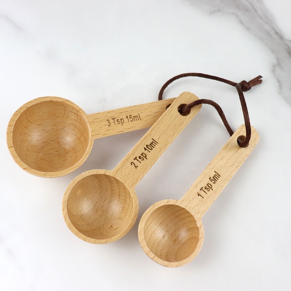 3pcs/set Home Kitchen Accessories Wooden Round Coffee Measuring Spoons Scoop Long Handle Seasoning Beech Measure Spoons