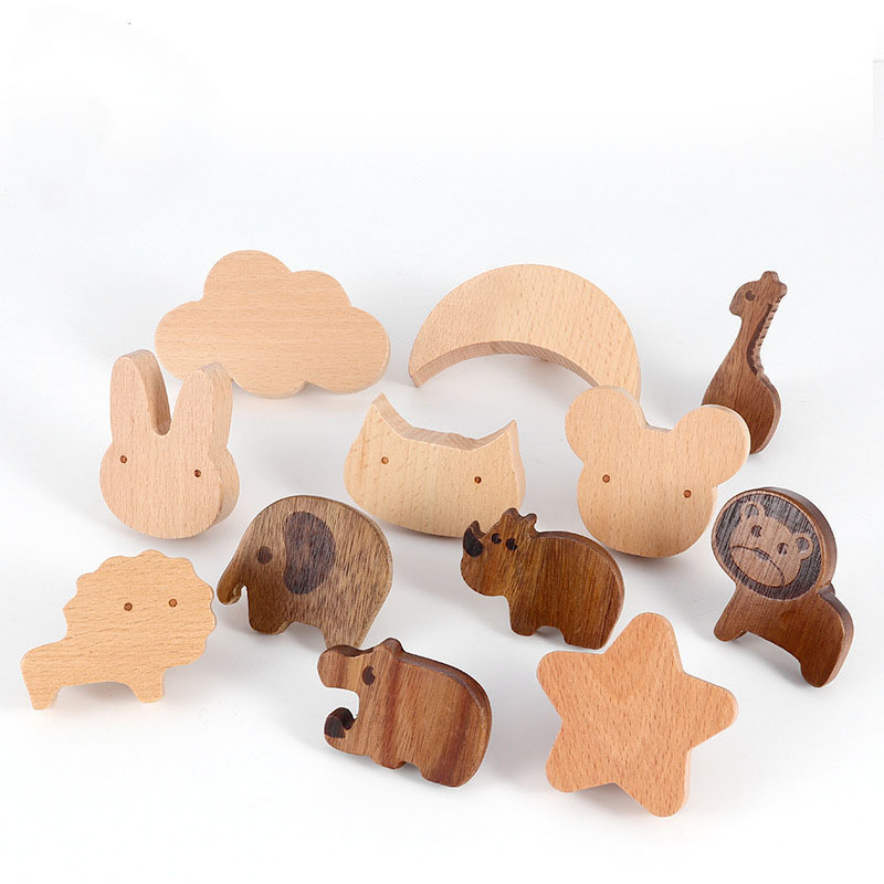 2-in-1 Solid Wood Cute Animal Wall Hooks No-Punch Wall Sticky Hooks Cabinet Drawer Pulls and Knobs