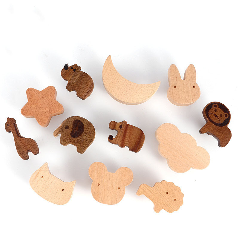 2-in-1 Solid Wood Cute Animal Wall Hooks No-Punch Wall Sticky Hooks Cabinet Drawer Pulls and Knobs