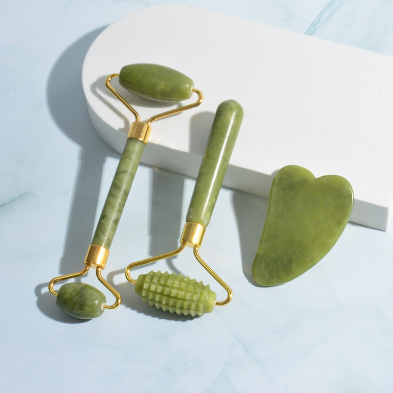 Wholesale Masajeador Rodillo Facial Jade Stone Massage Roller Gua Sha Tool Set Green Xiuyan Jade Roller For Face