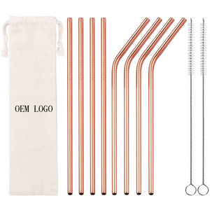 Rose Gold Stainless Steel Drinking Straw Laser Logo Reusable Camping Straws With Brush and Pouch