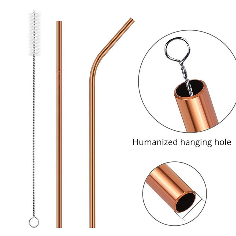 Rose Gold Stainless Steel Drinking Straw Laser Logo Reusable Camping Straws With Brush and Pouch