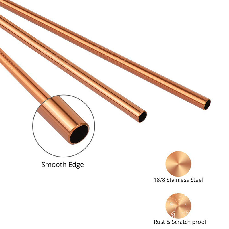 Rose Gold Stainless Steel Drinking Straw Laser Logo Reusable Camping Straws With Brush and Pouch