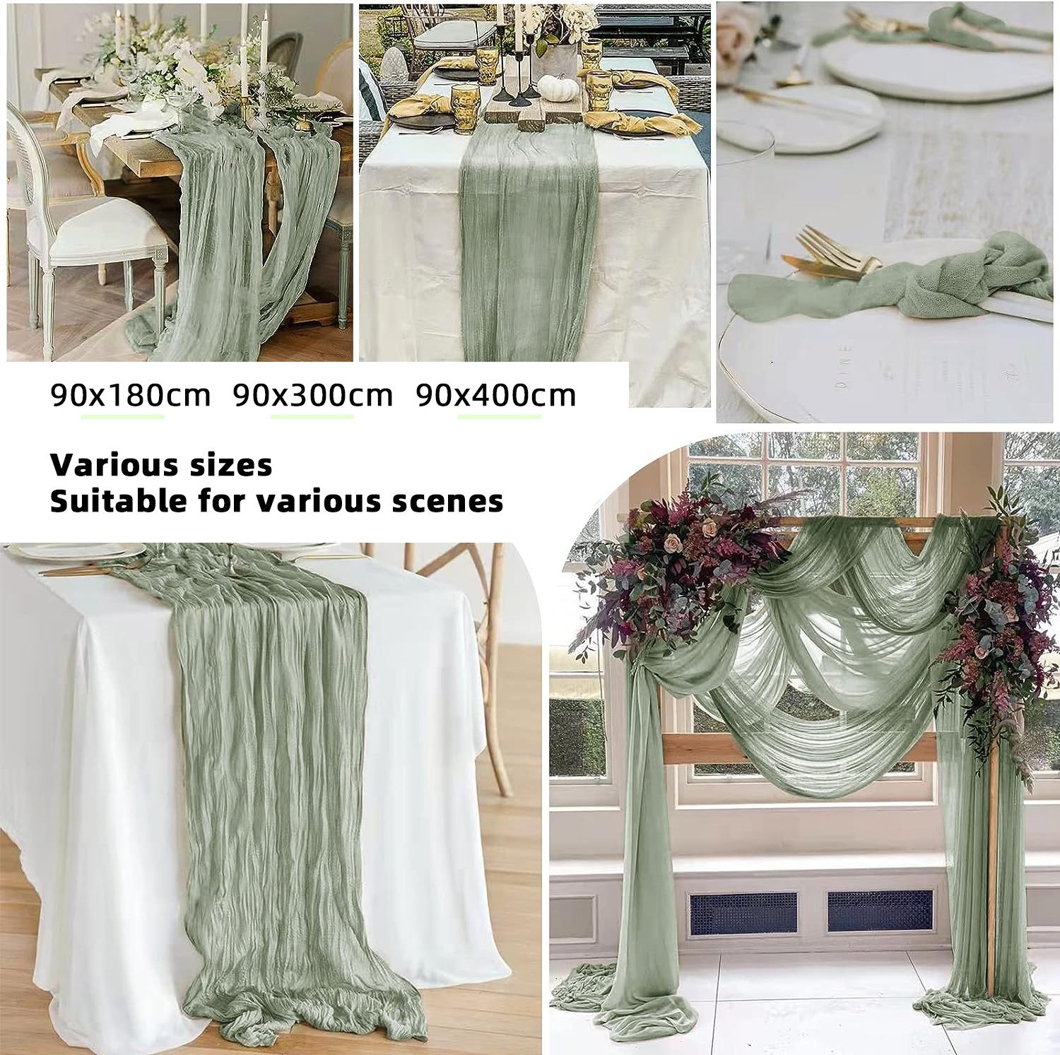 Boho handmade cloth dinner decoration banquet party wedding cotton sage green gauze cheesecloth table runner 90x400cm