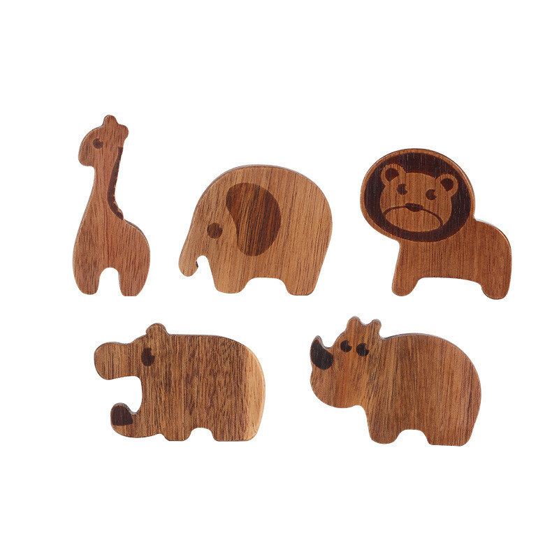 2-in-1 Solid Wood Cute Animal Wall Hooks No-Punch Wall Sticky Hooks Cabinet Drawer Pulls and Knobs