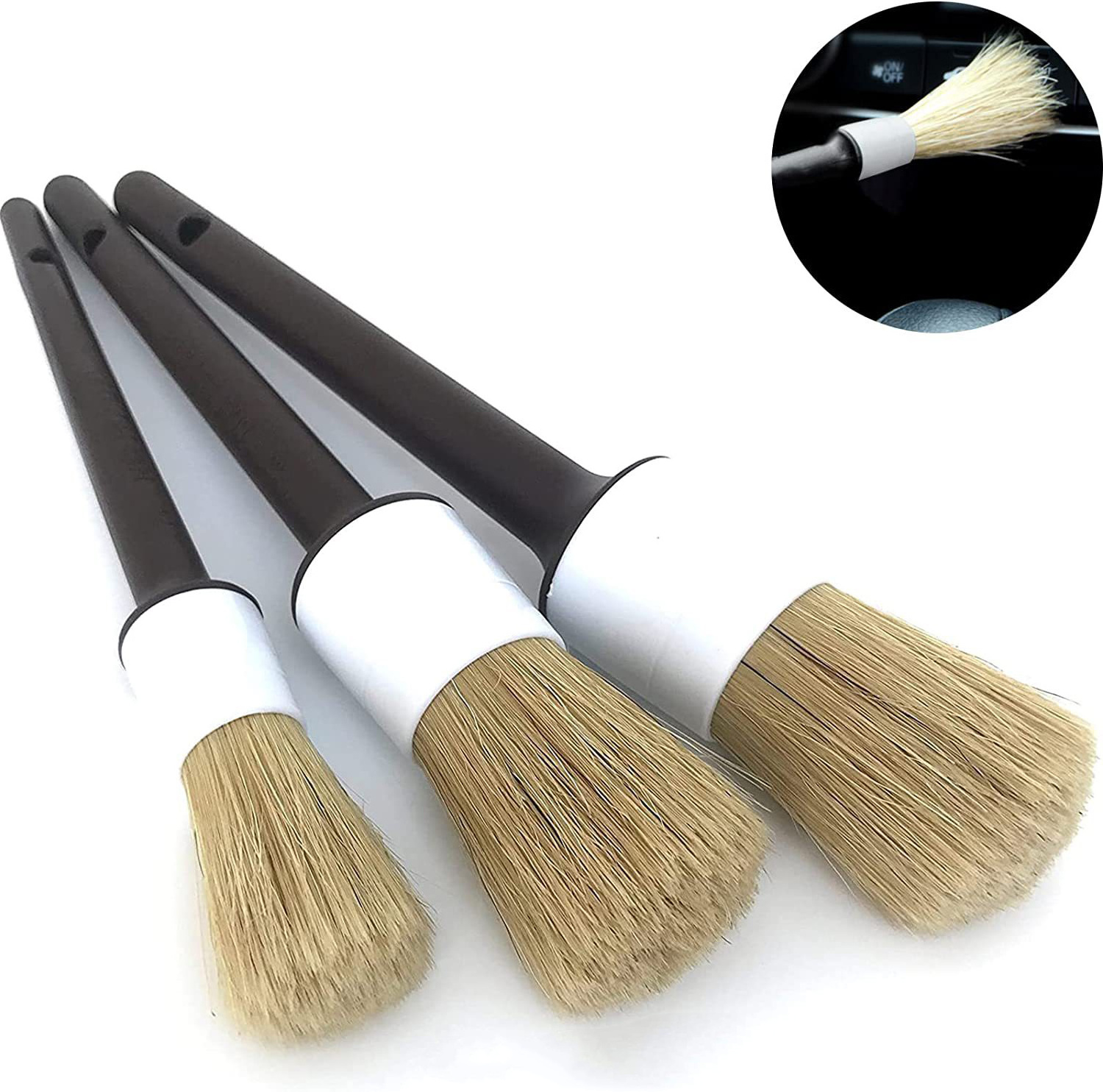 Car Detailing Brush Set Boar Hair Mixed Fiber Plastic Handle Automotive Detail Brushes Washing & Cleaning for Wheels, Interior