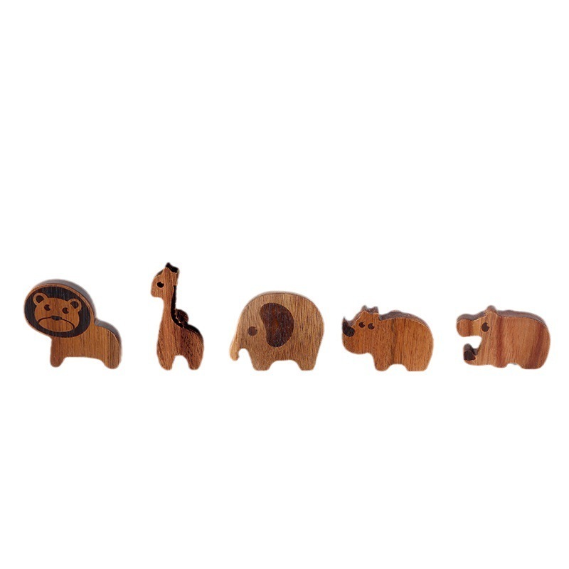 2-in-1 Solid Wood Cute Animal Wall Hooks No-Punch Wall Sticky Hooks Cabinet Drawer Pulls and Knobs