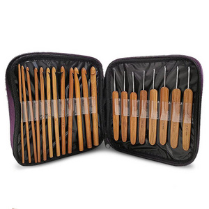 Hand Knitting Tool 20PCS Carbonized Bamboo Handle Crochet Hook Knitting Needles Set with Purple PU Bag