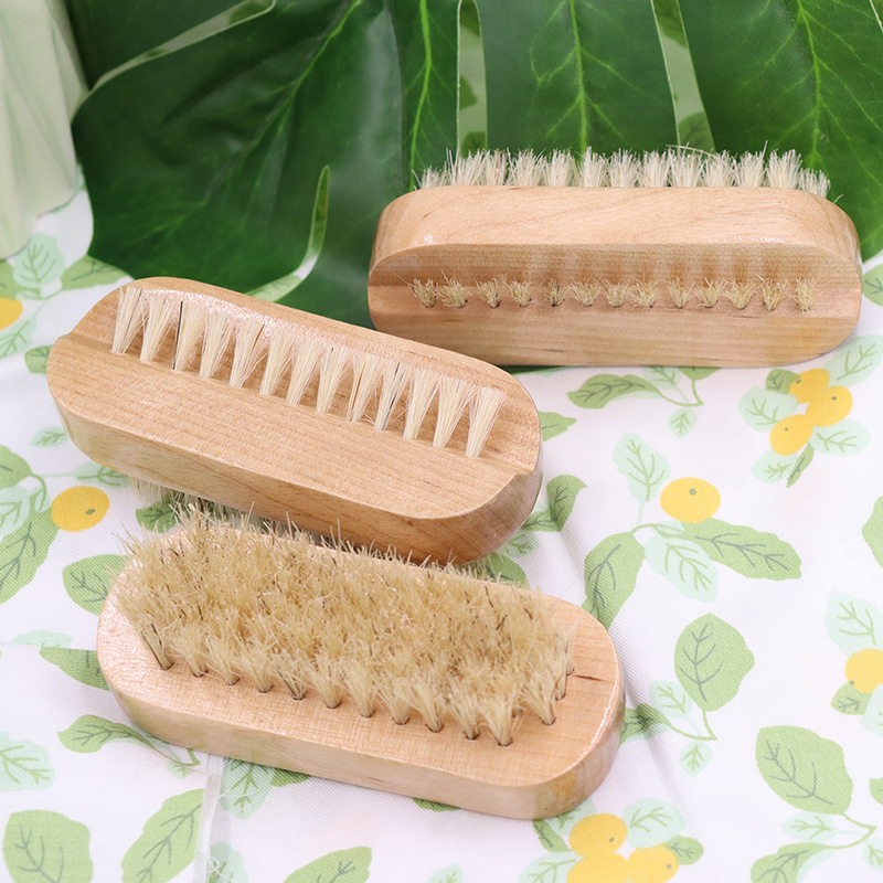 Custom Logo Bamboo Wooden Double Sided Natural Boar Bristles Hand Nail Scrub Cleaning Brush for Fingernail or Toenail