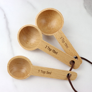 3pcs/set Home Kitchen Accessories Wooden Round Coffee Measuring Spoons Scoop Long Handle Seasoning Beech Measure Spoons