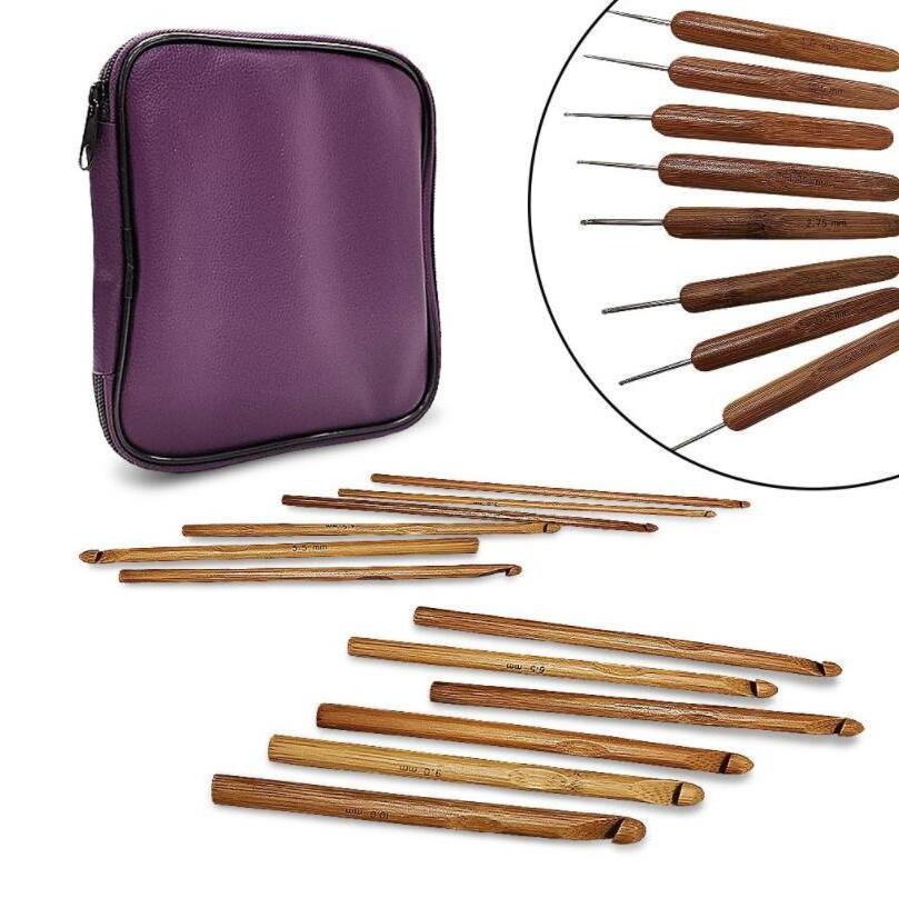 Hand Knitting Tool 20PCS Carbonized Bamboo Handle Crochet Hook Knitting Needles Set with Purple PU Bag