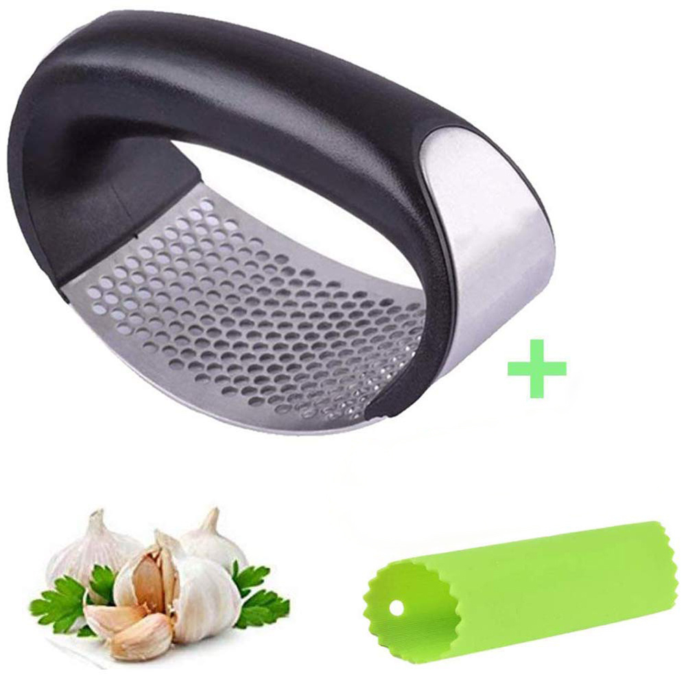 Kitchen Gadgets 2022 Plastic Stainless Steel Manual Arc Shape Rocker Crusher Chopper Garlic Press And Peeler