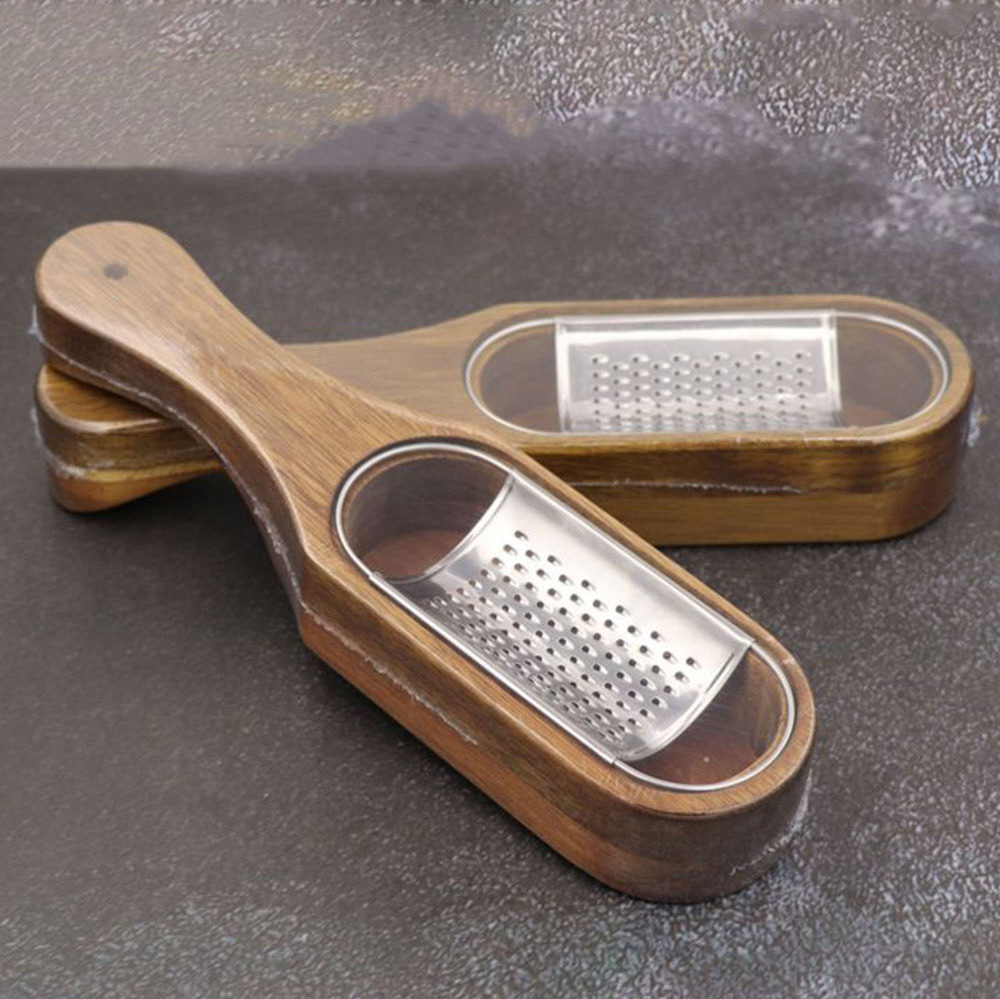 Stainless Steel Cheese Grater With Removable Acacia Wood Collector Wooden Vegetable  Grater Cheese Tools