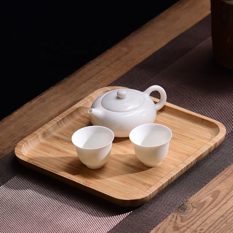 Eco Friendly Customized Restaurant Food Serving Tray Tea Fruit Plates Hotel Breakfast Bamboo Wooden Rolling Tray