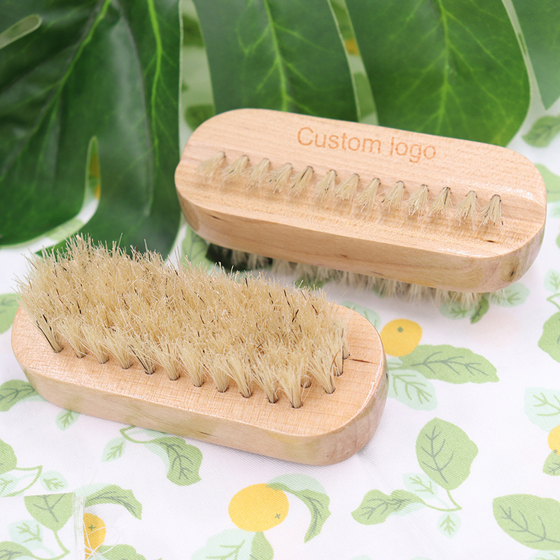 Custom Logo Bamboo Wooden Double Sided Natural Boar Bristles Hand Nail Scrub Cleaning Brush for Fingernail or Toenail