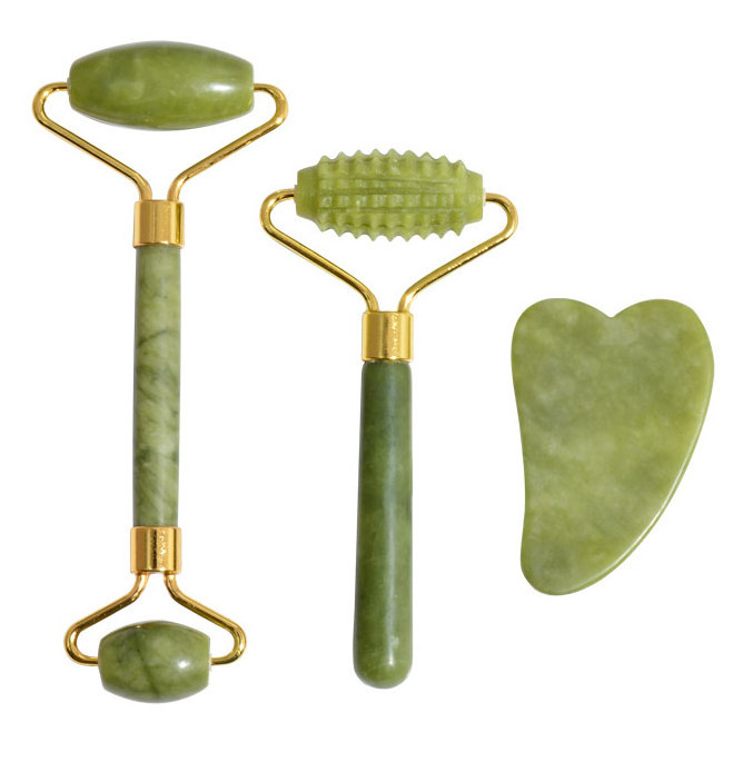 Wholesale Masajeador Rodillo Facial Jade Stone Massage Roller Gua Sha Tool Set Green Xiuyan Jade Roller For Face