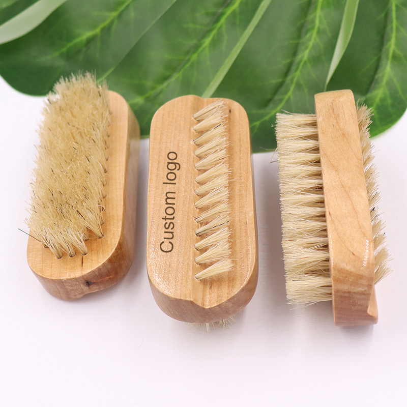 Custom Logo Bamboo Wooden Double Sided Natural Boar Bristles Hand Nail Scrub Cleaning Brush for Fingernail or Toenail