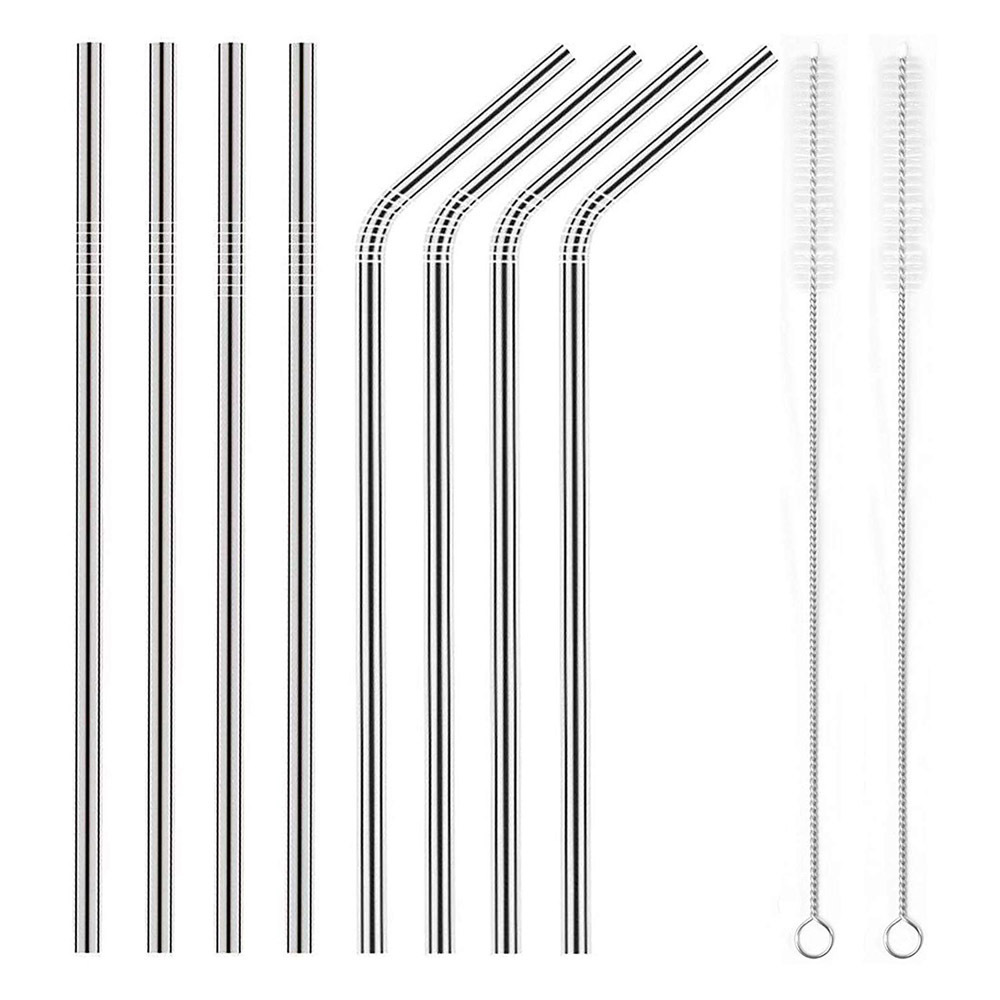 10 Pack Reusable Food Grade Long Stainless Steel Metal Drinking Straws for Tumblers Stainless Steel Straws with Cleaner Brush