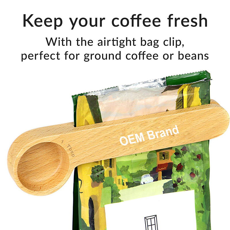 Reusable Beech Wood  Coffee Bead Measuring Spoon Wooden Coffee Scoop Bag Clip