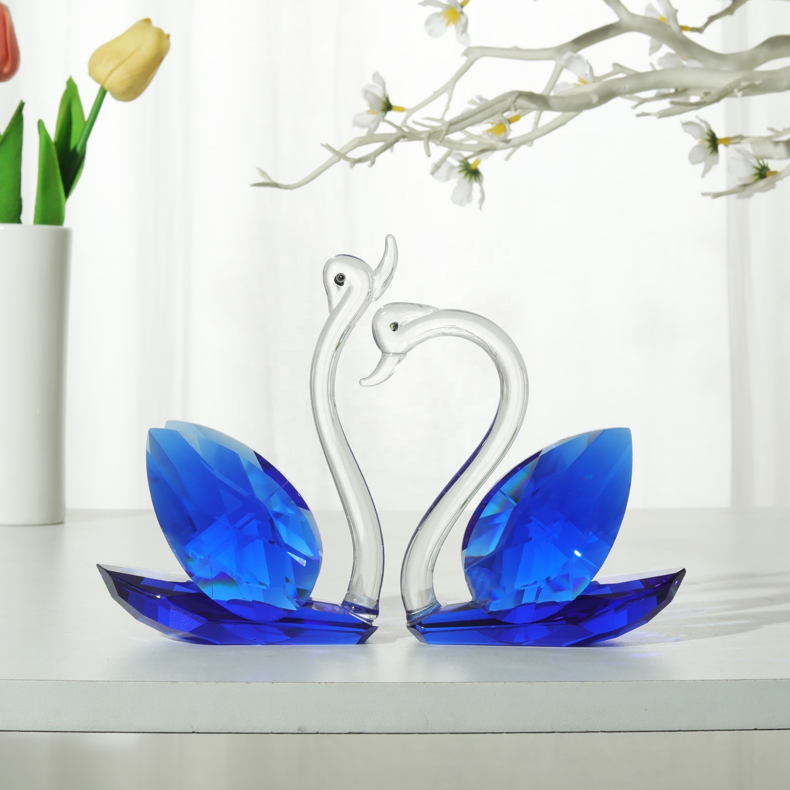 Crystal Couple Swan Figurines Clear Blue Pink Green Mother's Day