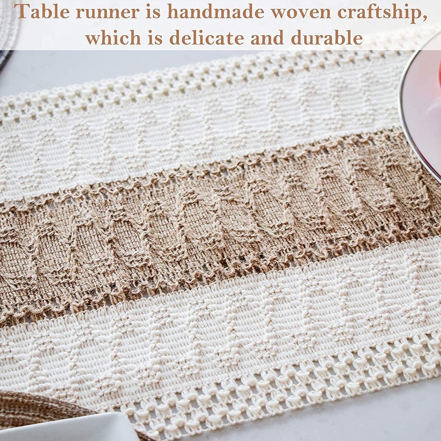 White Cotton Linen Farmhouse Macrame Table Decoration Cloth Boho Hand Woven Wedding Banquet Table Runner