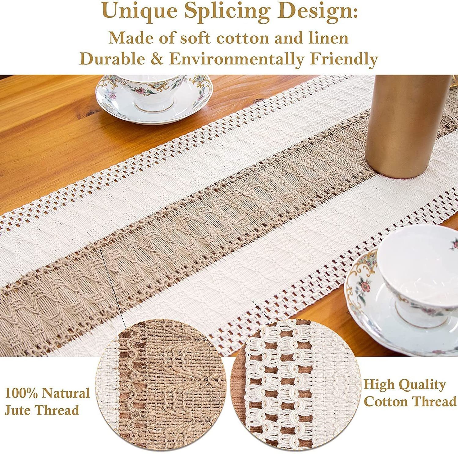 White Cotton Linen Farmhouse Macrame Table Decoration Cloth Boho Hand Woven Wedding Banquet Table Runner