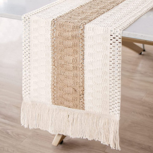 White Cotton Linen Farmhouse Macrame Table Decoration Cloth Boho Hand Woven Wedding Banquet Table Runner