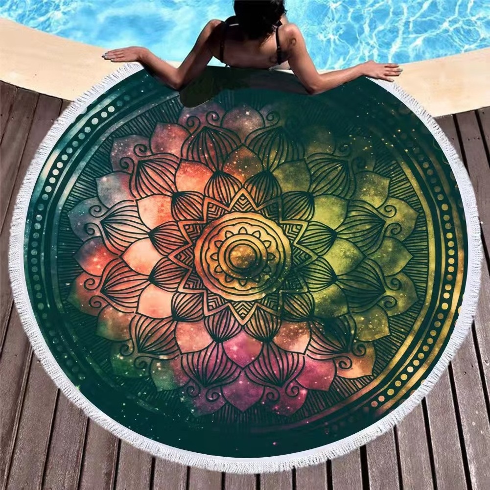 Sublimation Cheap Promotional Lilly Monogram Custom Print Microfiber Round Circle Beach Towels with Fringe