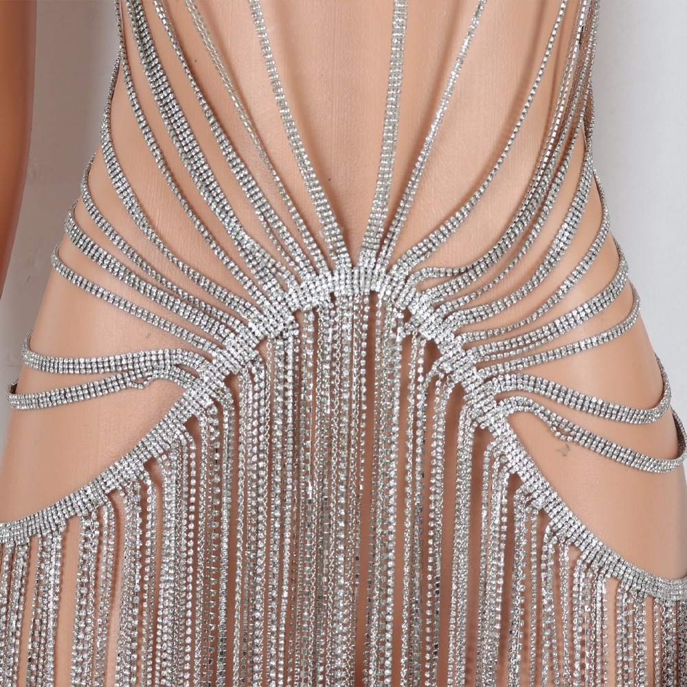 Luxury Sexy Rhinestone Tassels Full Body Chain Women Transparent Crystal Party Diamond Mini Dress Lingerie Skirt Club Wear