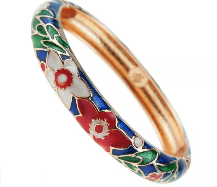 Vintage women brass cuff open bangle Cloisonne enamel flower bracelet