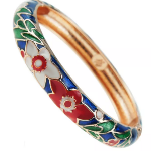 Vintage women brass cuff open bangle Cloisonne enamel flower bracelet