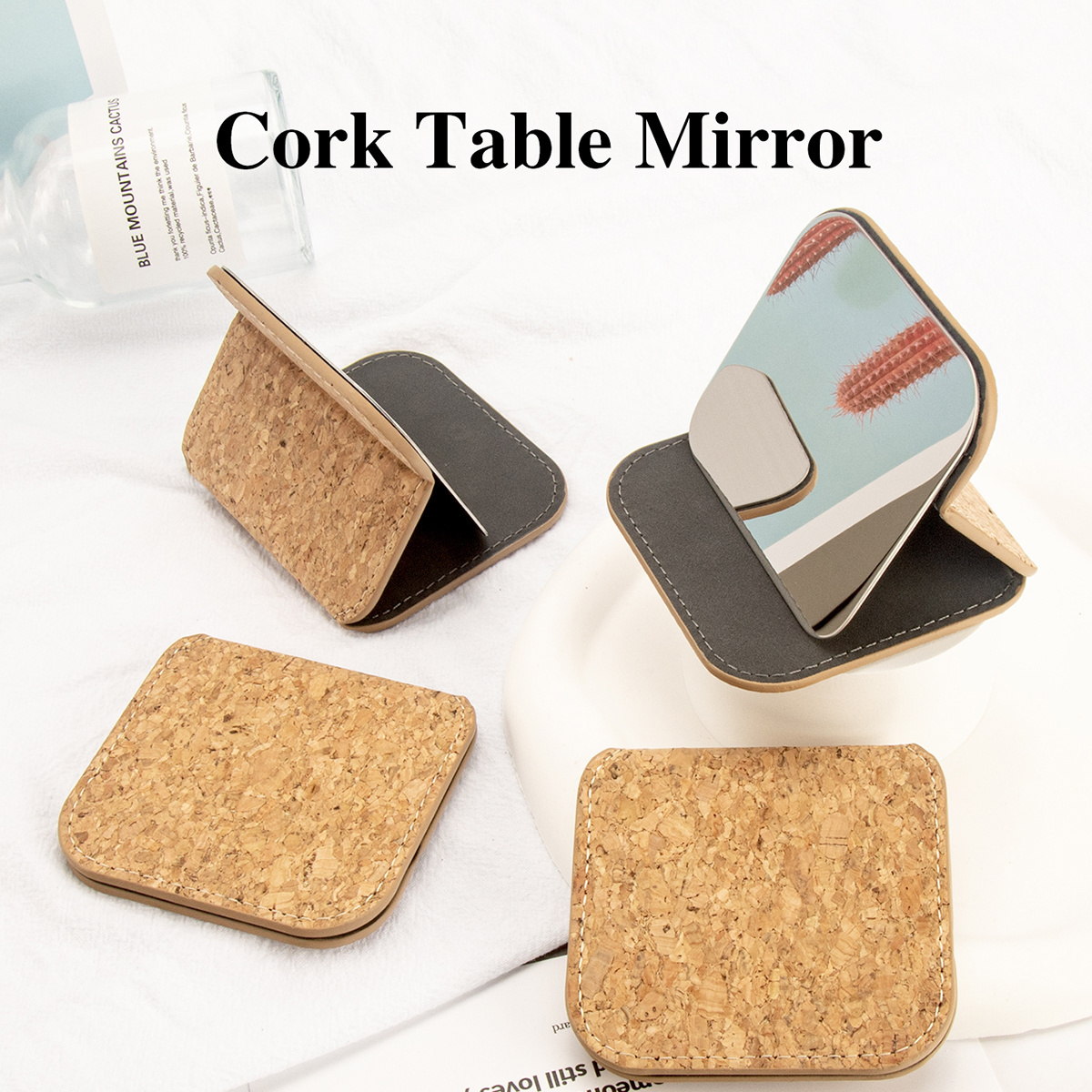 Trendy OEM Customized LOGO imitation natural Cork leather stainless steel mirror Small Travel Desktop Mini Square Makeup Mirror