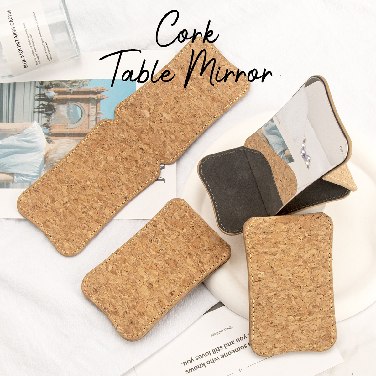 Trendy OEM Customized LOGO imitation natural Cork leather stainless steel mirror Small Travel Desktop Mini Square Makeup Mirror