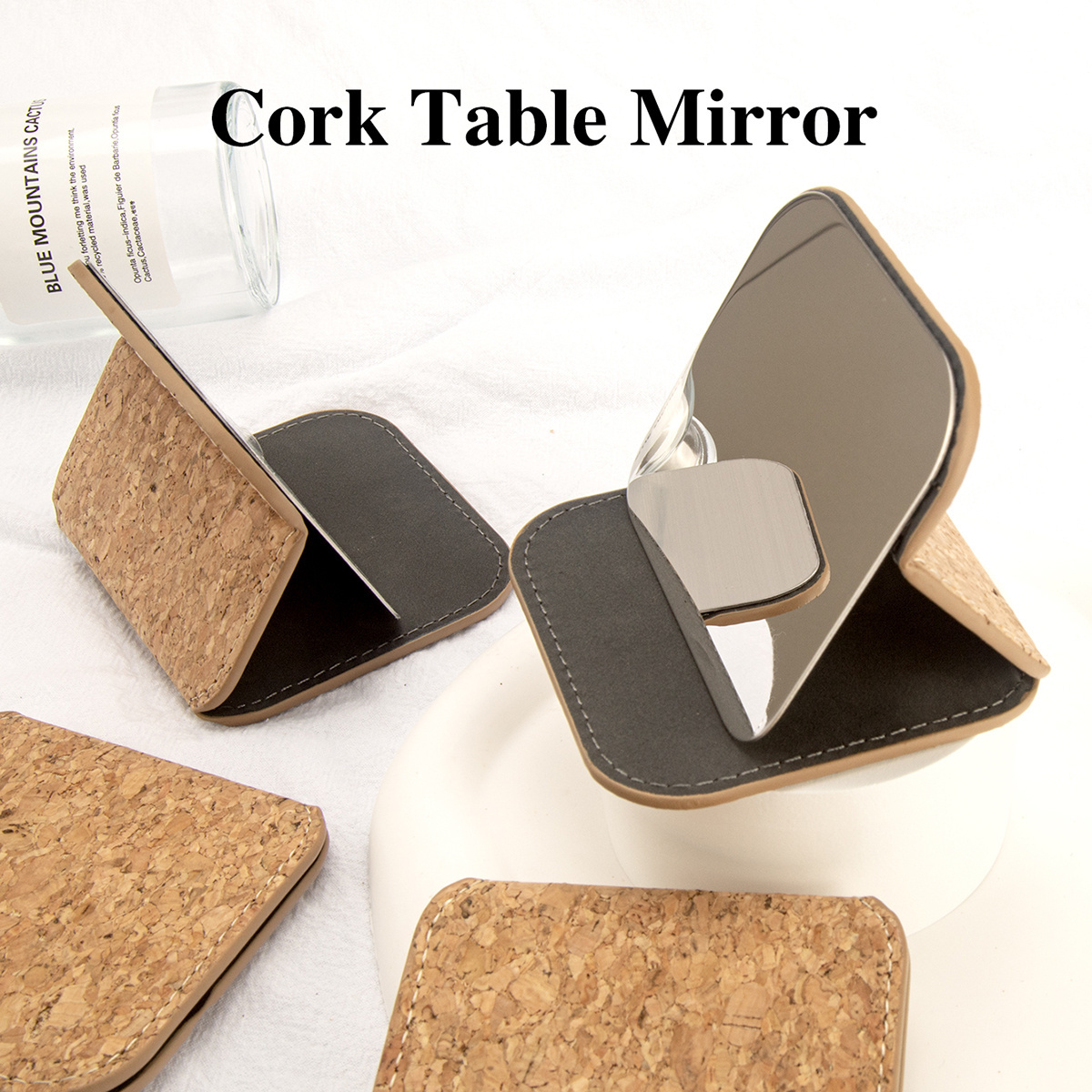 Trendy OEM Customized LOGO imitation natural Cork leather stainless steel mirror Small Travel Desktop Mini Square Makeup Mirror