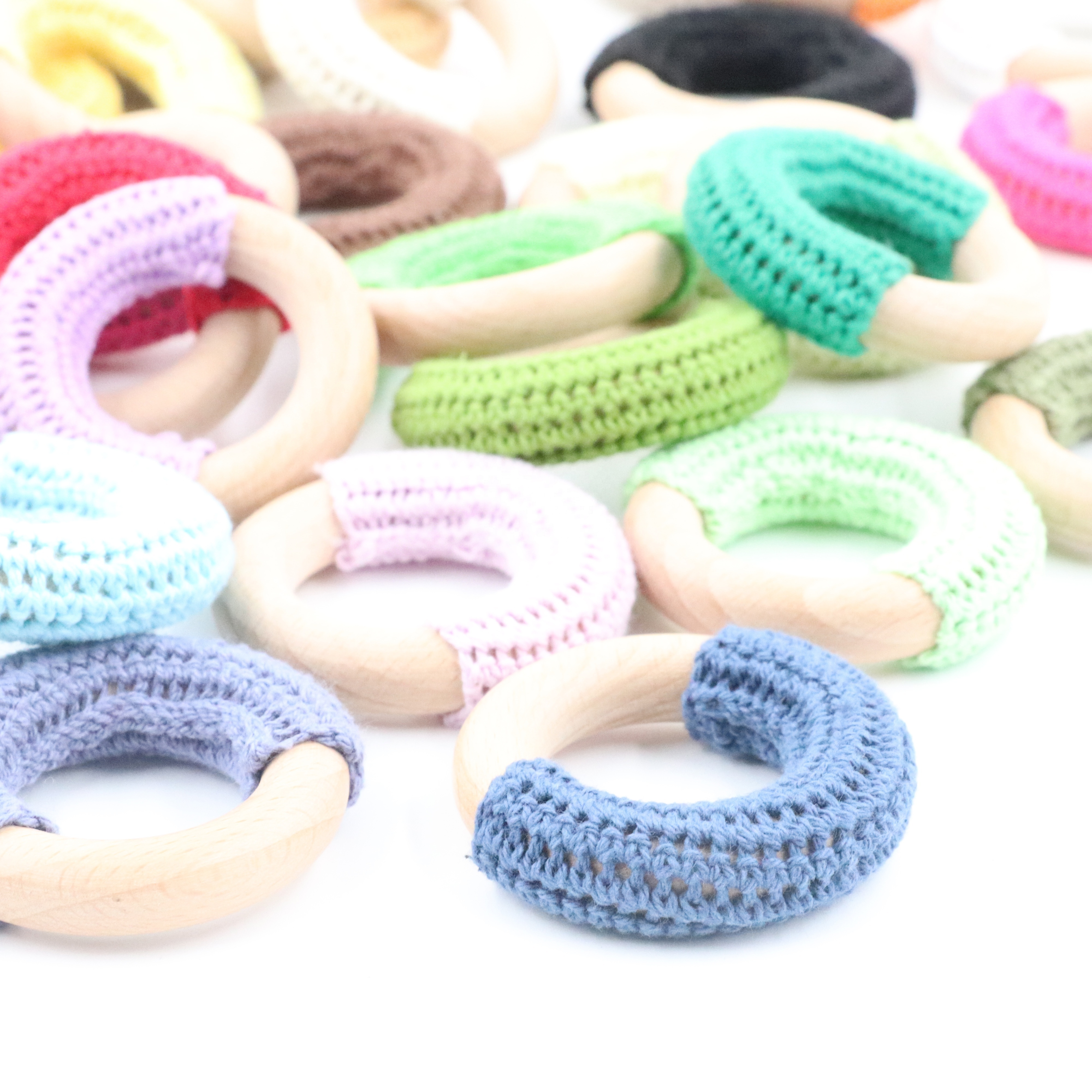 Crochet Teether Baby Teething Rattle Toy Ring Bracelet Circle Wooden Teether Toy