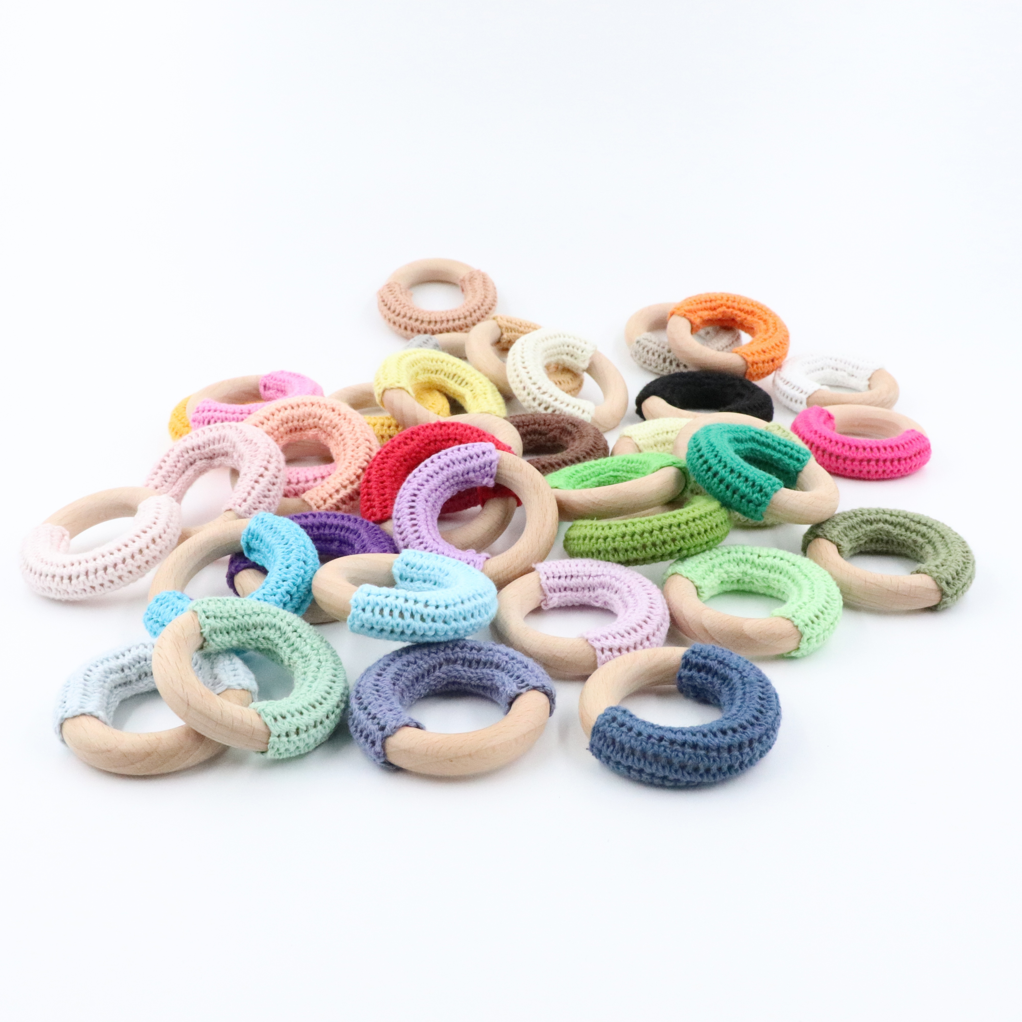 Crochet Teether Baby Teething Rattle Toy Ring Bracelet Circle Wooden Teether Toy