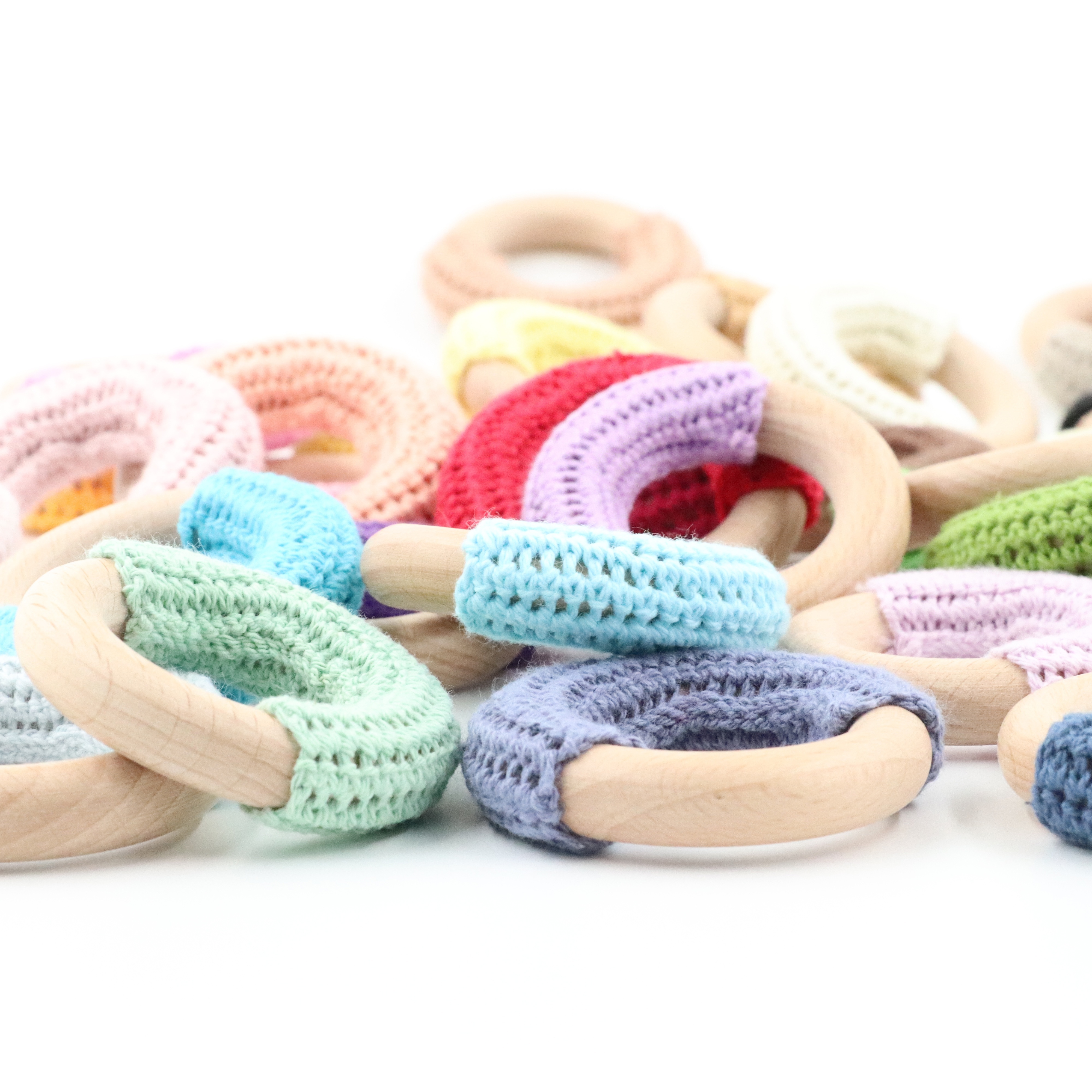 Crochet Teether Baby Teething Rattle Toy Ring Bracelet Circle Wooden Teether Toy