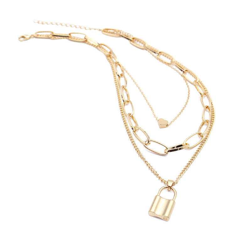 Vintage Chain Heart Lock Pendant Necklace Creative Multi-layered Gold Long Chain Women's Fashion Geometric Alloy Jewelry