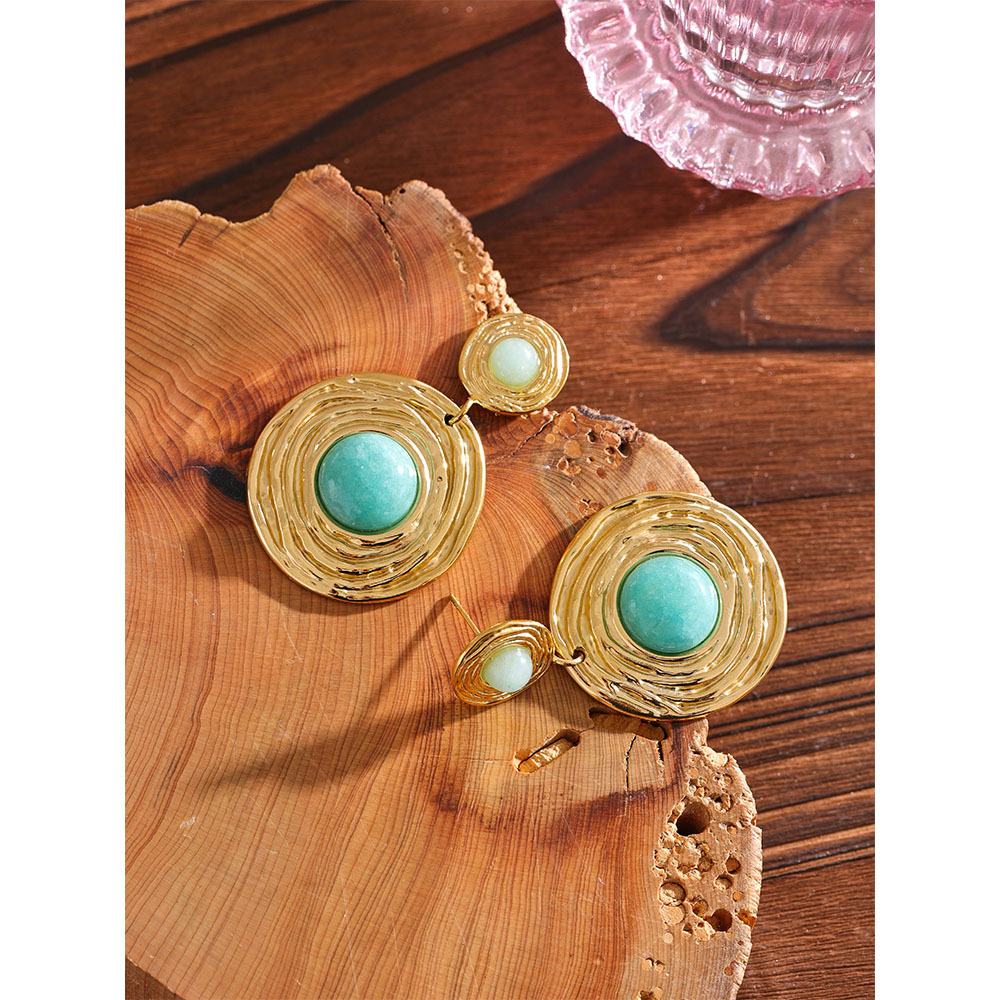 JINYOU 820 Blue Natural Amazonite Stone Stainless Steel Round Dangle Earrings Gold Fashion Jewelry Women Rust Proof Gala Gift