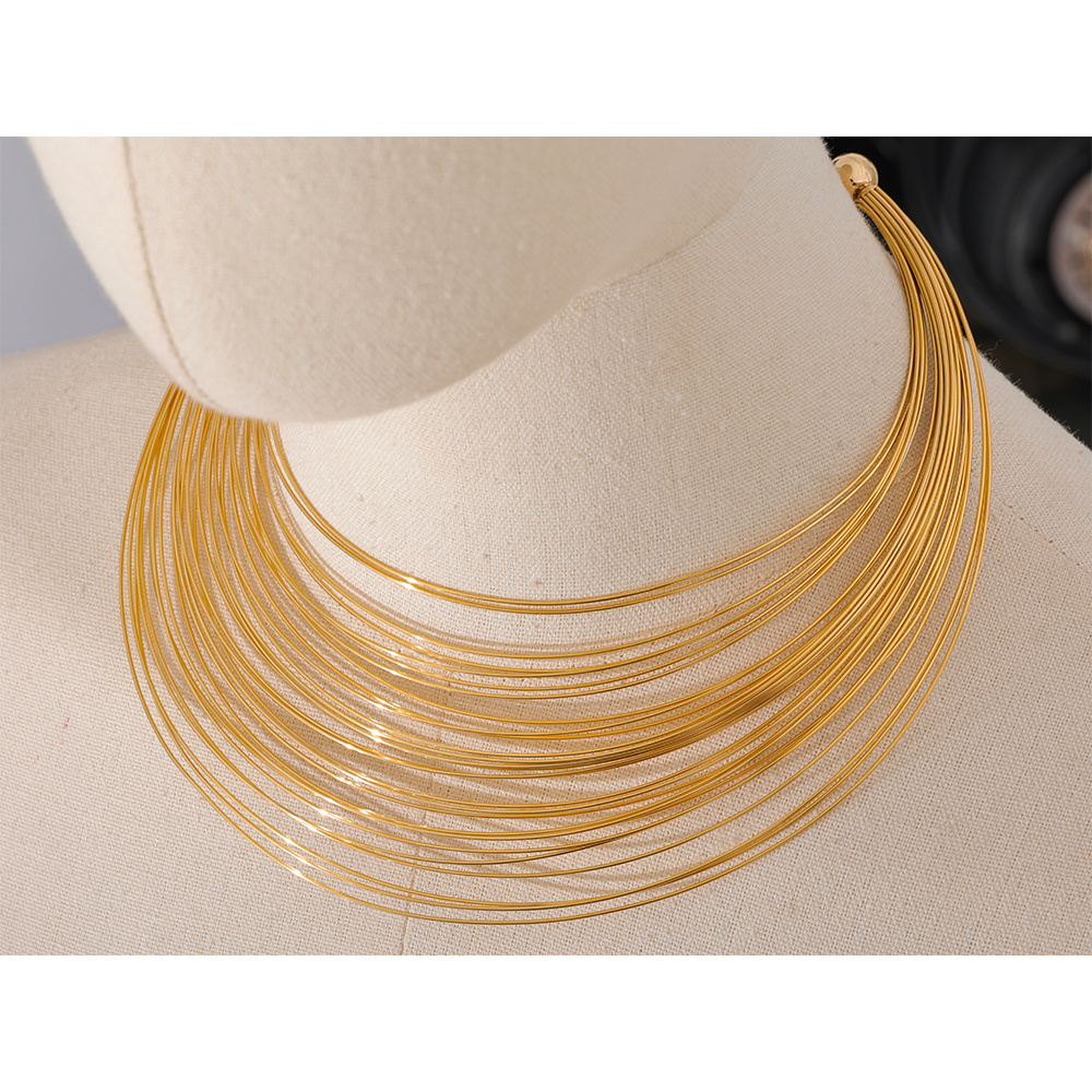 JINYOU 1007 Rust Proof Stainless Steel Multilayer Metal Wire Torques Choker 18k Gold Plated Necklace for Women Statement Jewelry