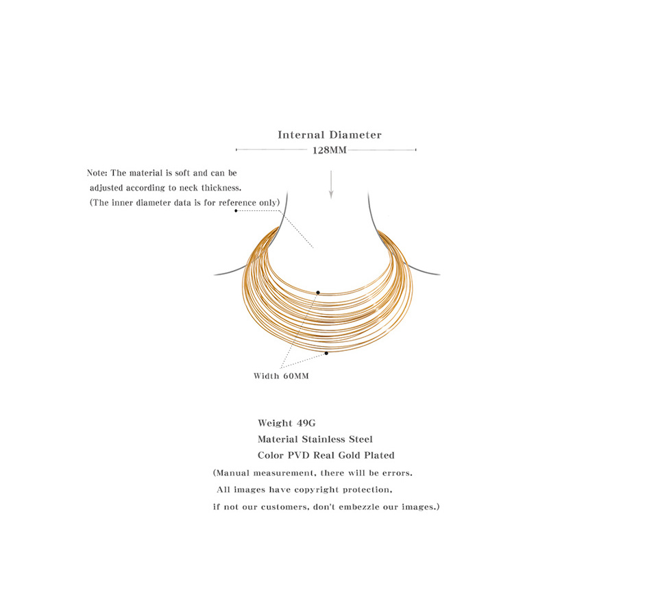 JINYOU 1007 Rust Proof Stainless Steel Multilayer Metal Wire Torques Choker 18k Gold Plated Necklace for Women Statement Jewelry