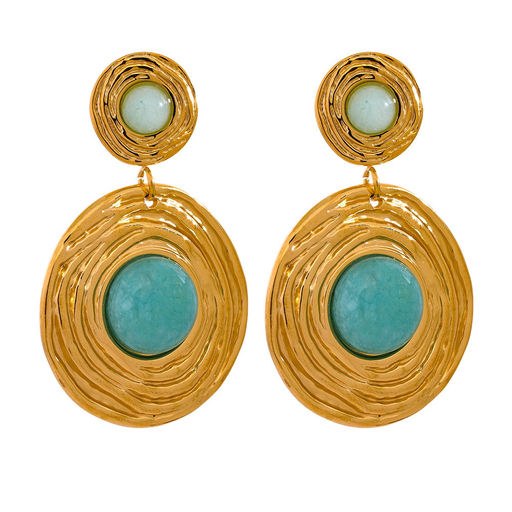 JINYOU 820 Blue Natural Amazonite Stone Stainless Steel Round Dangle Earrings Gold Fashion Jewelry Women Rust Proof Gala Gift