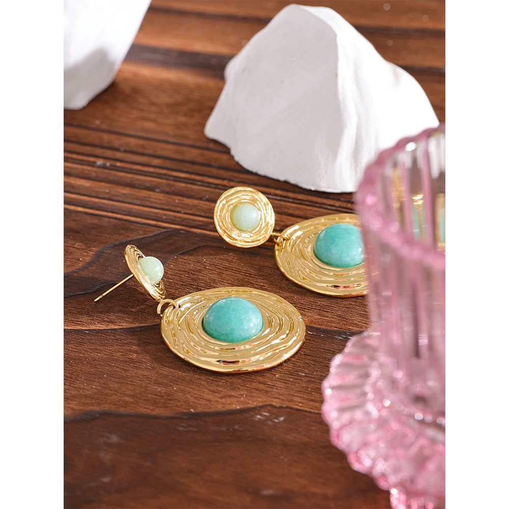 JINYOU 820 Blue Natural Amazonite Stone Stainless Steel Round Dangle Earrings Gold Fashion Jewelry Women Rust Proof Gala Gift