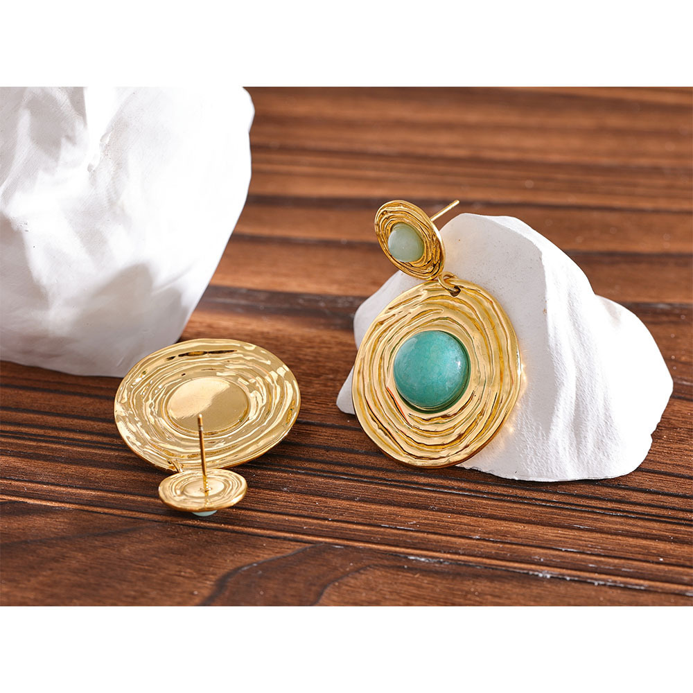 JINYOU 820 Blue Natural Amazonite Stone Stainless Steel Round Dangle Earrings Gold Fashion Jewelry Women Rust Proof Gala Gift