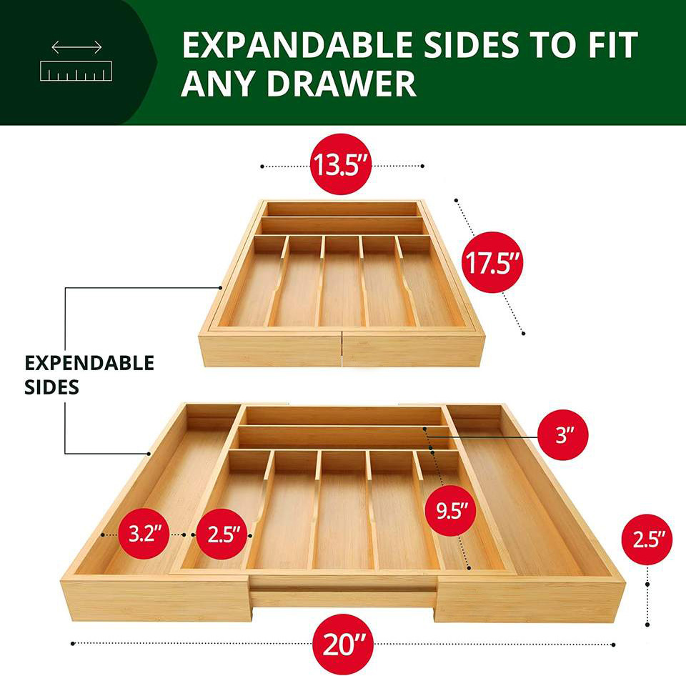 Bamboo Expandable Drawer Organizer for Utensils Holder Adjustable Cutlery Tray Wooden Drawer Dividers Organizer