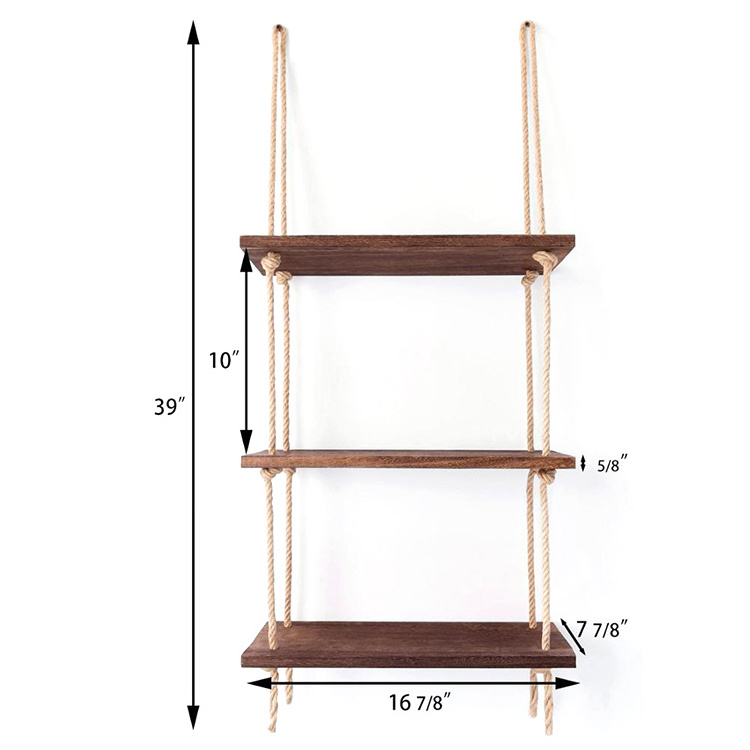 Bamboo Wood Hanging Shelf Wall Swing Storage Shelves 3 Tier Jute Rope Organizer Hanging Wood Shelf Rope Tier